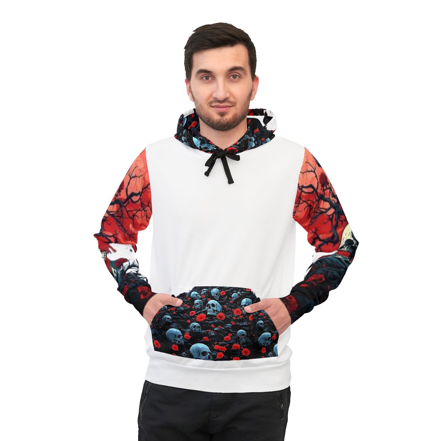 π White Hoodie β Bold Blue Skulls Graphic Streetwear Sweatshirt