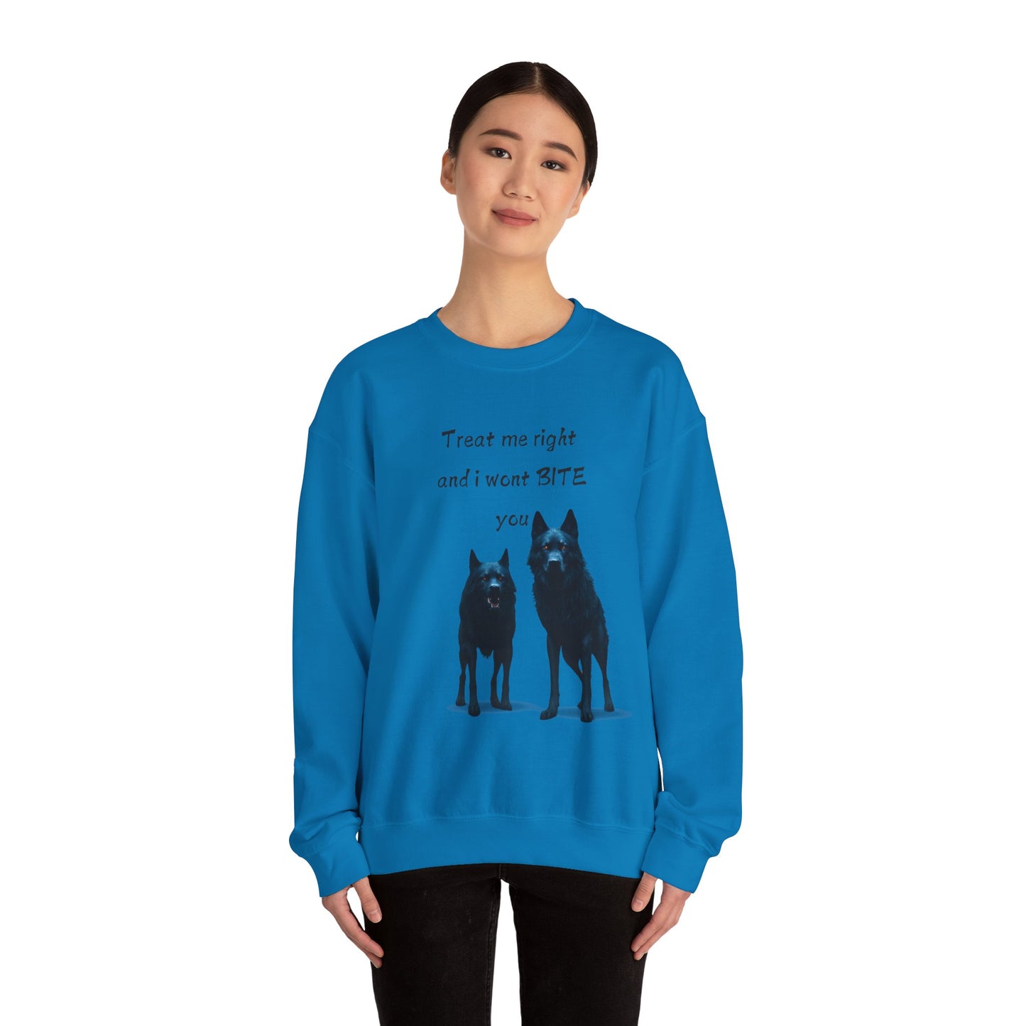 πΎ Funny Dog Lover Pink Sweatshirt β "Treat Me Right and I Won't Bite" Design for Dog Lovers & Pet Owners
