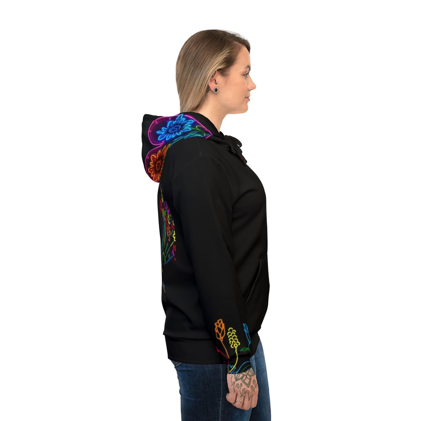 🌸 Vibrant Floral Black Hoodie – Bold Hand & Colorful Flower Design