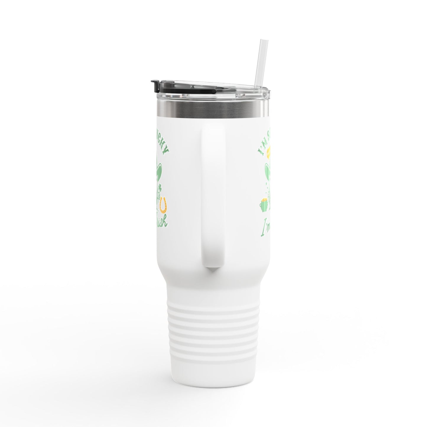 "Funny St. Patrick's Day 40oz Insulated Tumbler – 'I'm So Lucky I'm Irish' with Cowboy, Pot of Gold & Horseshoe Design"