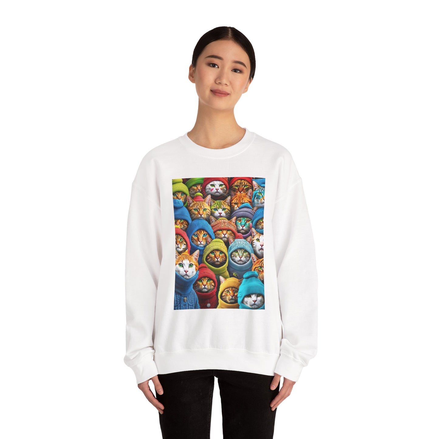 "Cozy Cat Crewneck Sweatshirt – Soft & Stylish Pullover with Colorful Cat Faces Design"