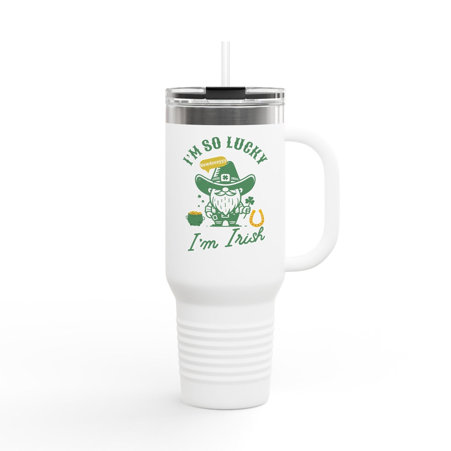 "Funny St. Patrick's Day 40oz Insulated Tumbler – 'I'm So Lucky I'm Irish' with Cowboy, Pot of Gold & Horseshoe Design"