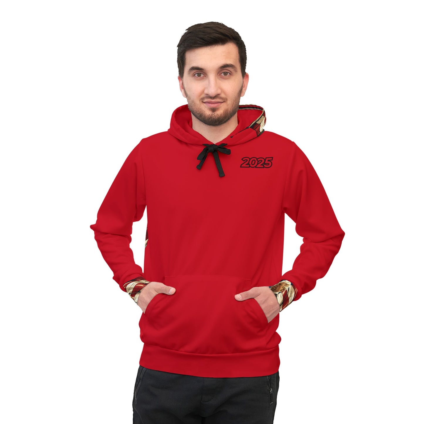 "Patriotic Red Hoodie with Bold American Flag and Trump Design – Show Your American Pride"