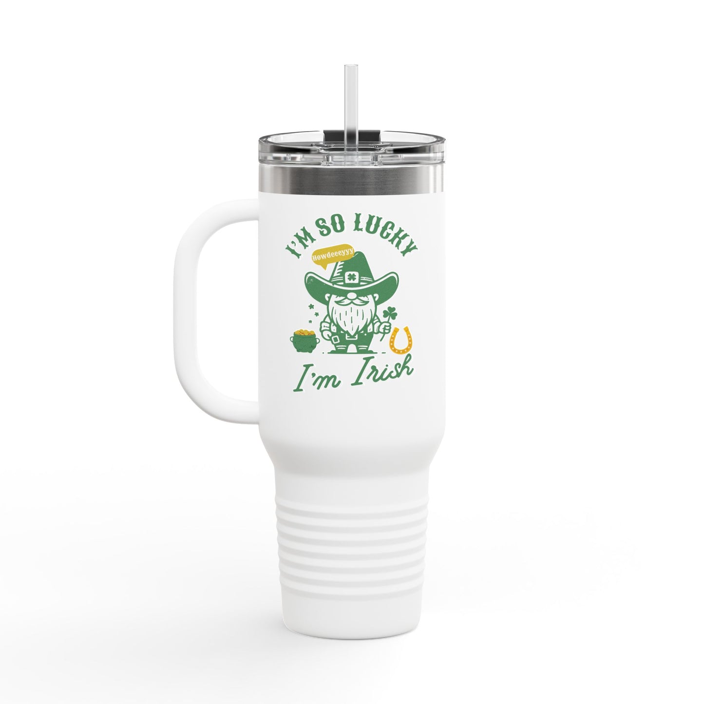 "Funny St. Patrick's Day 40oz Insulated Tumbler – 'I'm So Lucky I'm Irish' with Cowboy, Pot of Gold & Horseshoe Design"