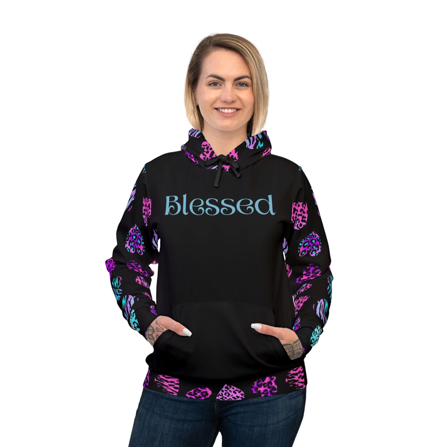 "Blessed Women’s Hoodie – Pink & Black Leopard Print Sweatshirt | Faith-Inspired Fashion"