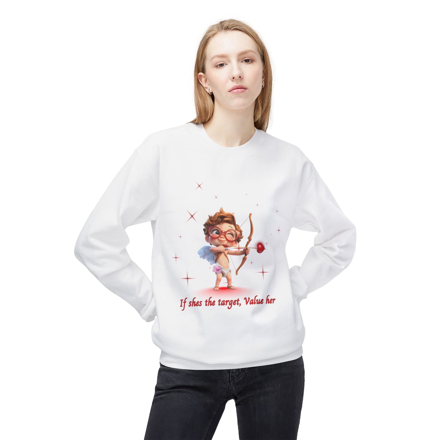 Crimson Rose Cupid Sweatshirt for Men & Women – "If She's the Target, Value Her" Romantic Graphic Fleece