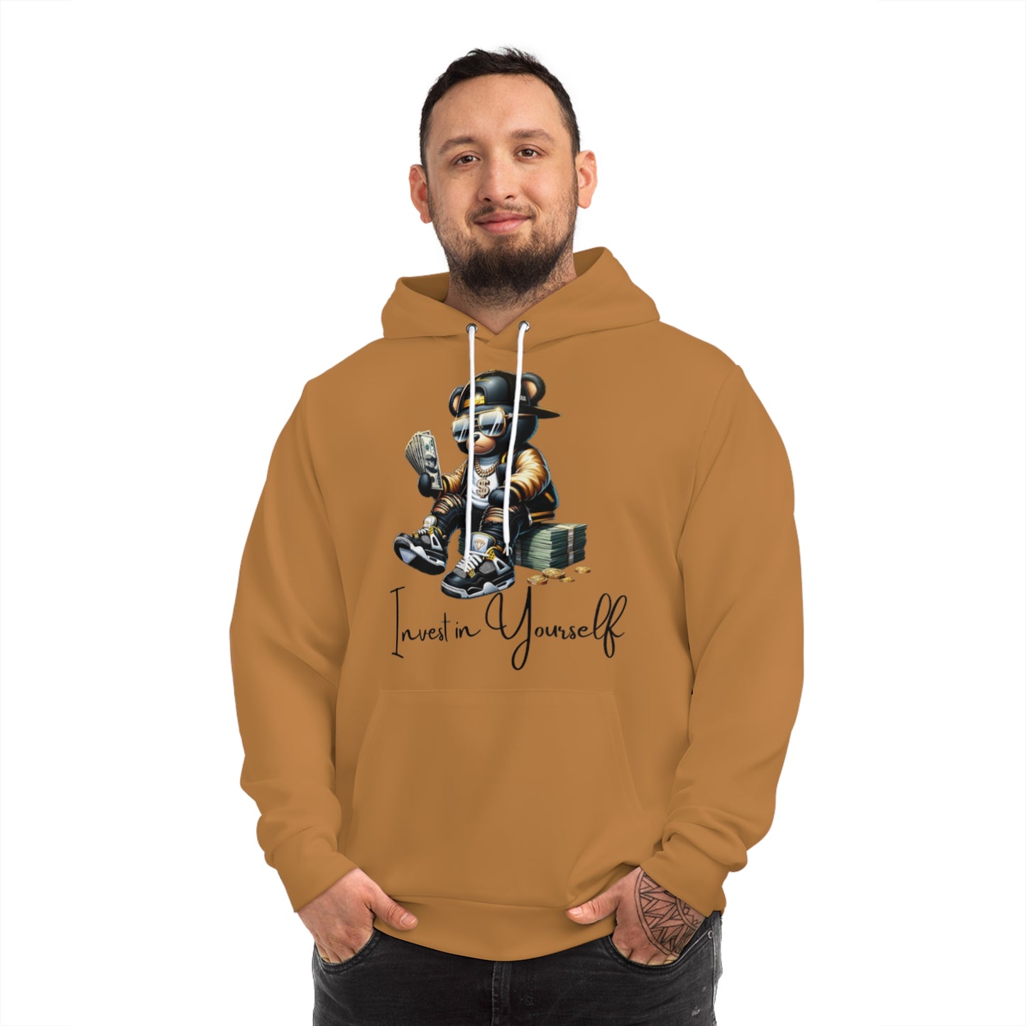 Sandstone Brown Men’s Hoodie – "Invest in Yourself" Cool Bear Graphic Sweatshirt with Drawstrings & Kangaroo Pocket