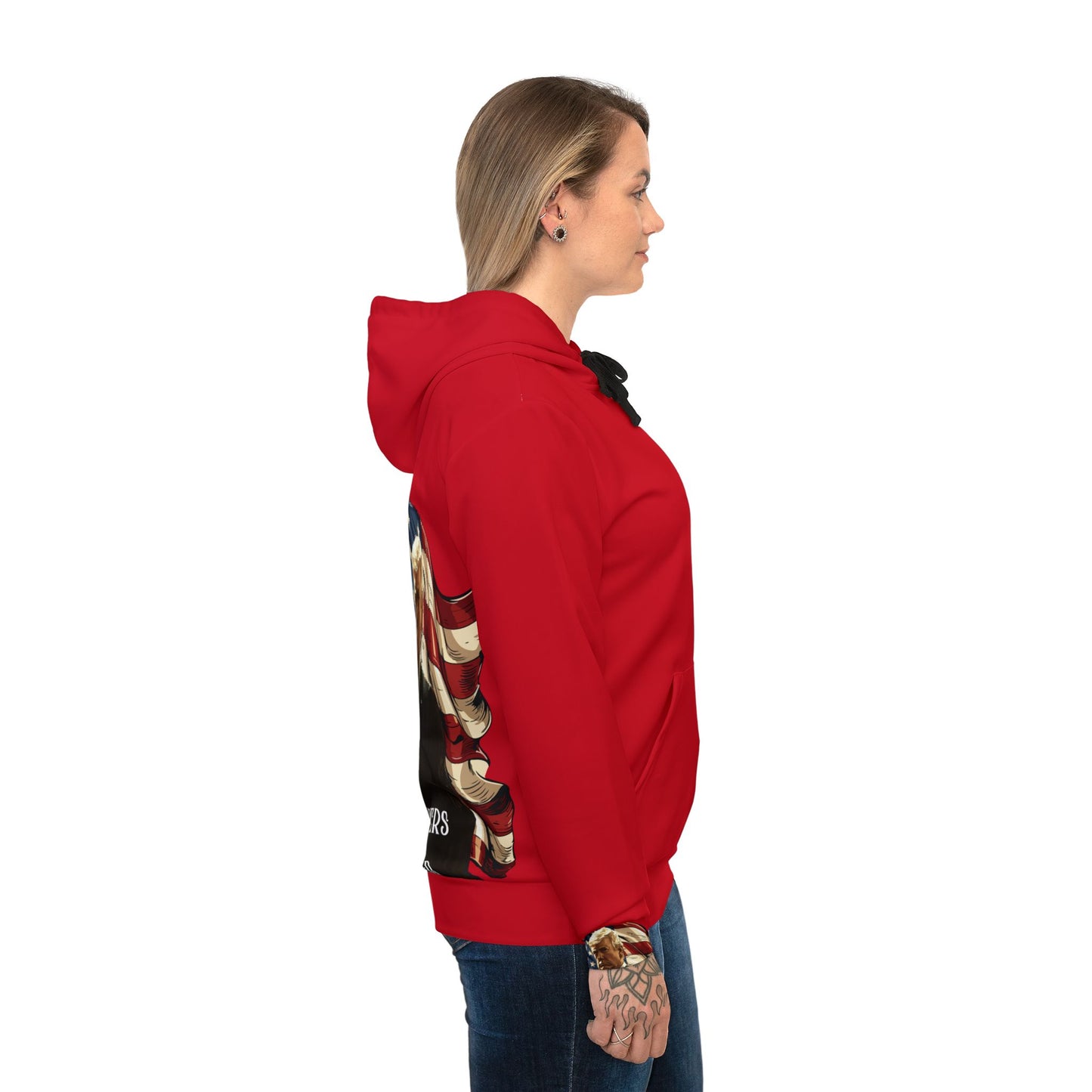 "Patriotic Red Hoodie with Bold American Flag and Trump Design – Show Your American Pride"