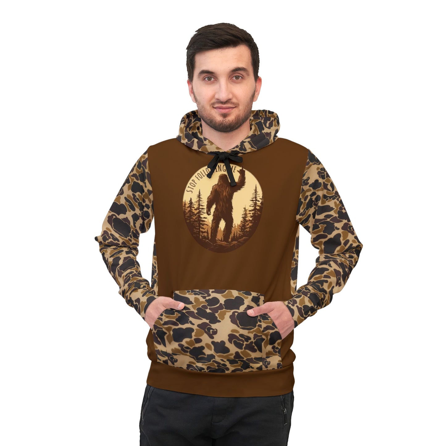 π² Brown Camo Print Hoodie β Outdoor Adventure Wear for Bigfoot Fans