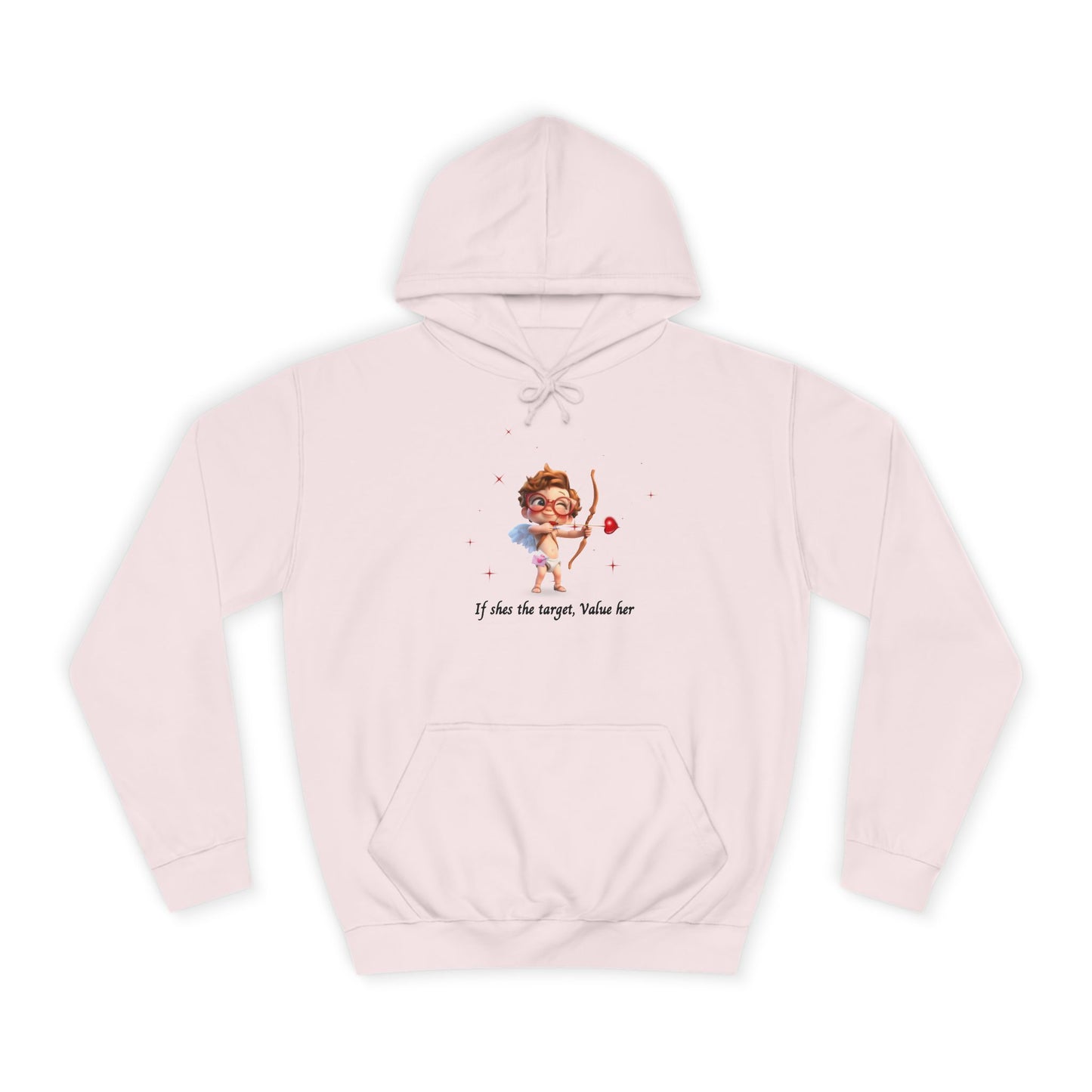 Ivory Cloud White Hoodie for Women – Value Her Cupid-Inspired Love Graphic Sweater