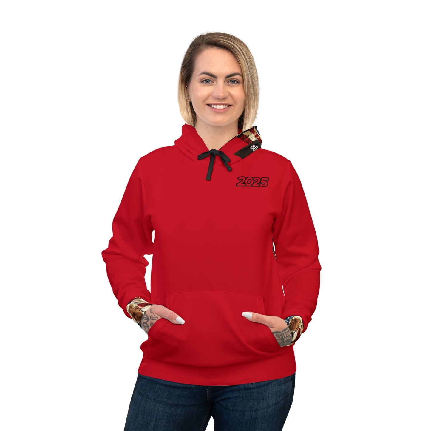 "Patriotic Red Hoodie with Bold American Flag and Trump Design – Show Your American Pride"