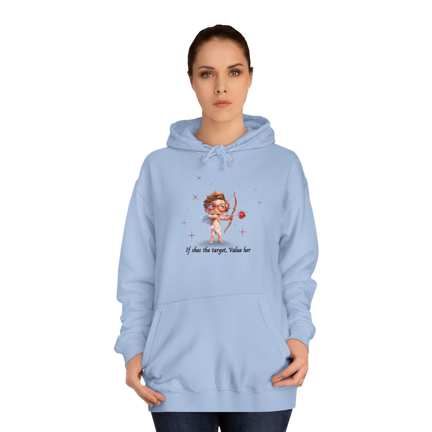 Ivory Cloud White Hoodie for Women – Value Her Cupid-Inspired Love Graphic Sweater