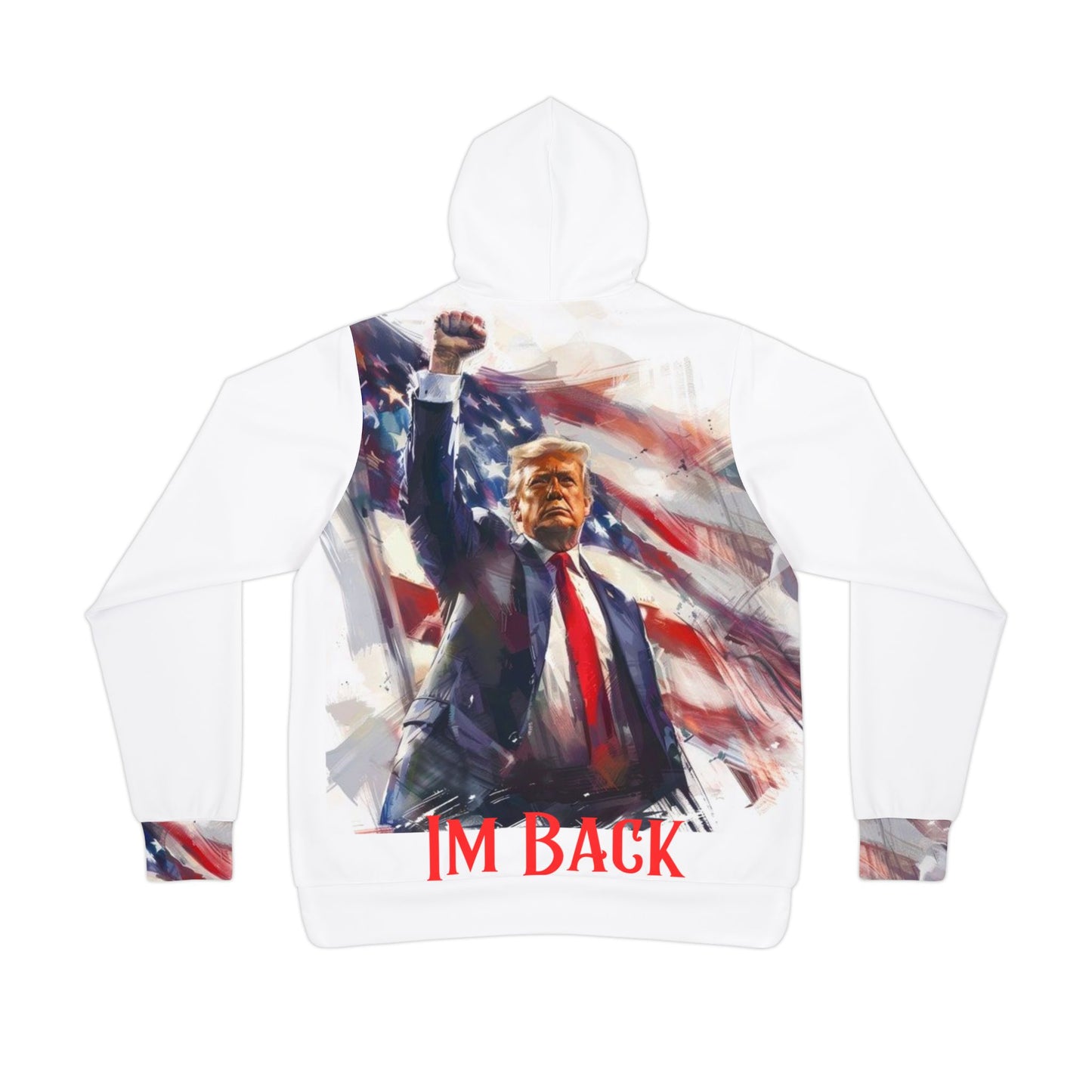 "American Pride White Hoodie – Bold American Flag and Trump Design | Perfect for Trump Supporters"