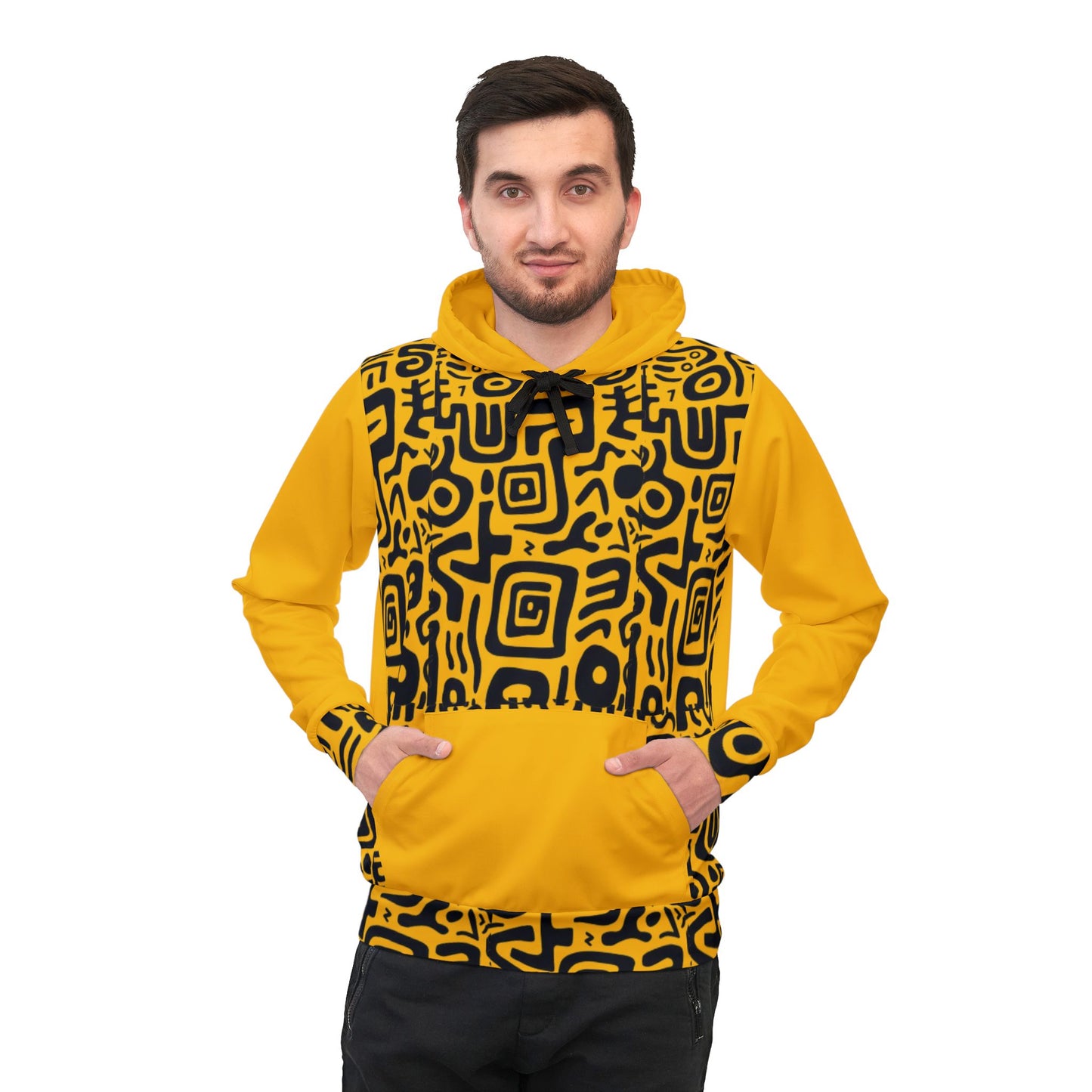 🏆 Bold Yellow & Black Tribal Pattern Hoodie – Striking Streetwear for Men & Women