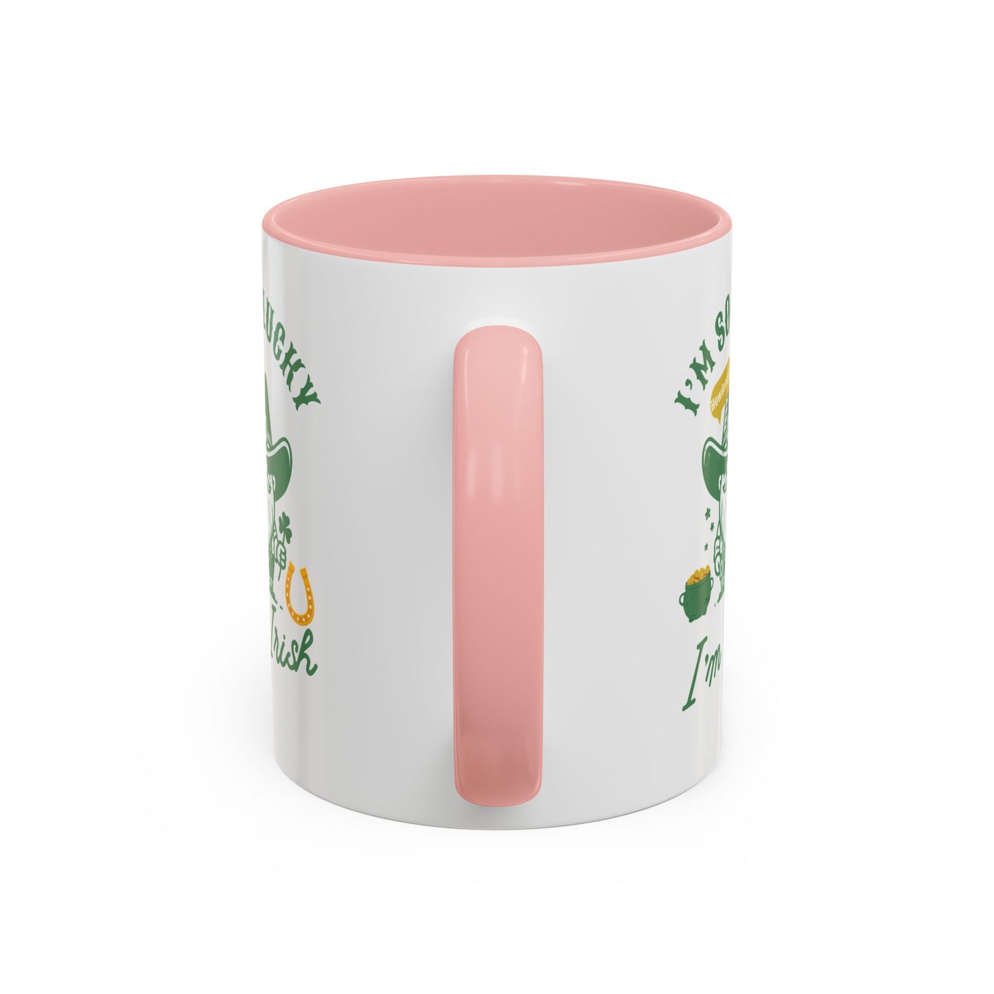 "Funny St. Patrick's Day Coffee Mug – 'I'm So Lucky I'm Irish' with Cowboy, Pot of Gold & Horseshoe Design"