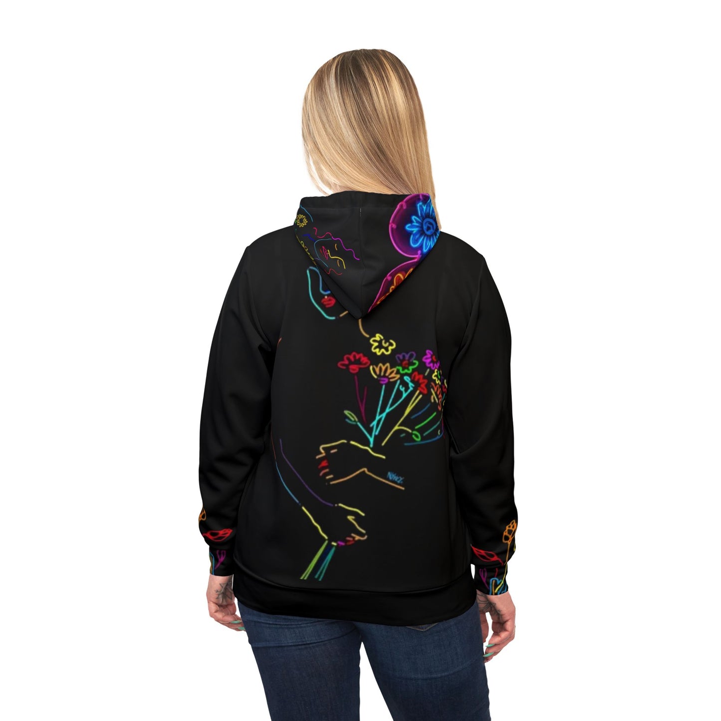 🌸 Vibrant Floral Black Hoodie – Bold Hand & Colorful Flower Design