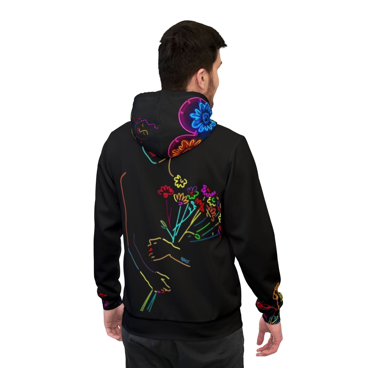 🌸 Vibrant Floral Black Hoodie – Bold Hand & Colorful Flower Design