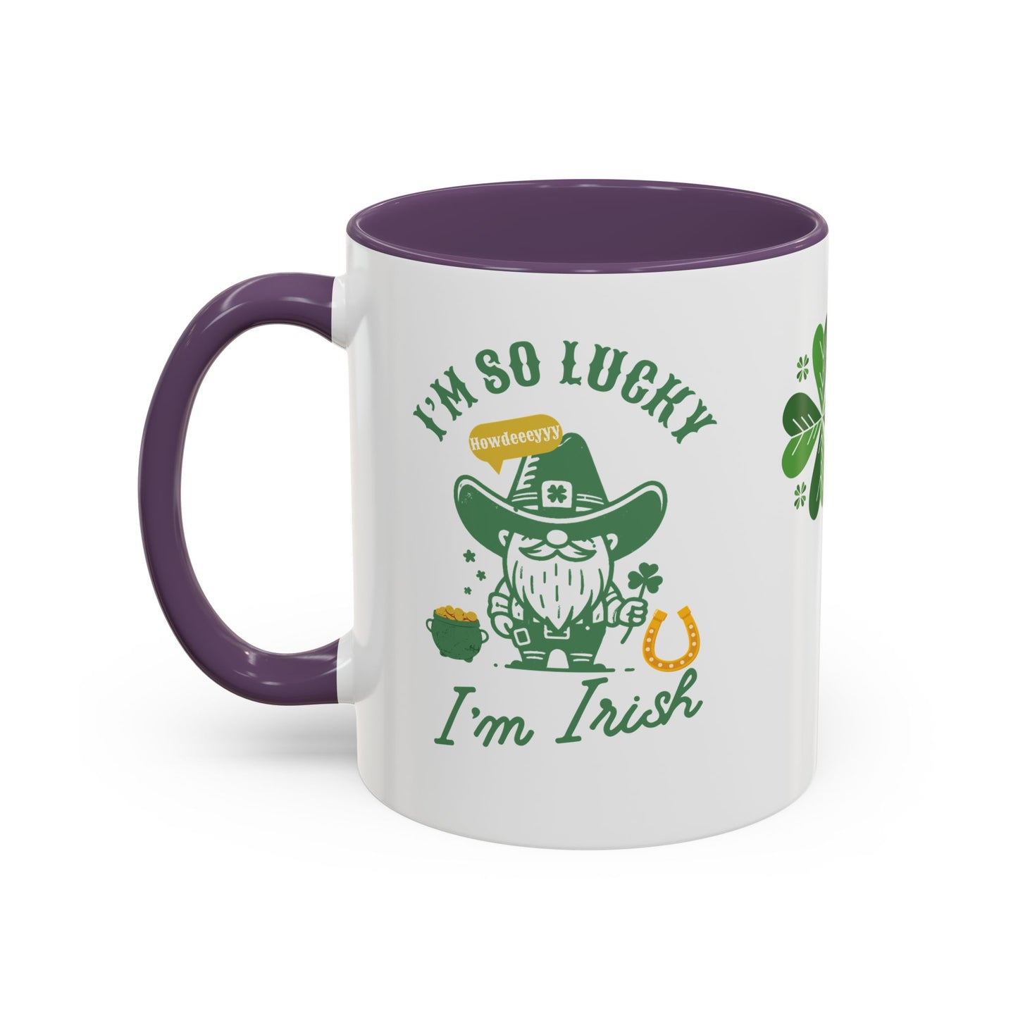 "Funny St. Patrick's Day Coffee Mug – 'I'm So Lucky I'm Irish' with Cowboy, Pot of Gold & Horseshoe Design"