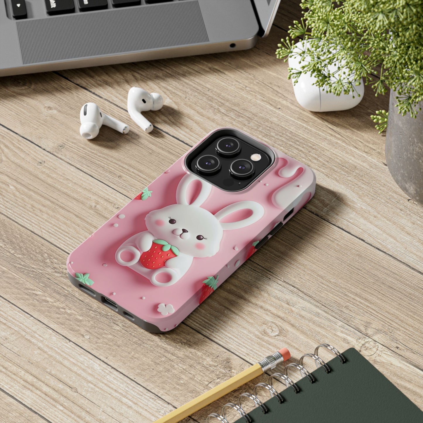 Cute Bunny Strawberry Tough Phone Case - Perfect for Kids & Spring Celebrations
