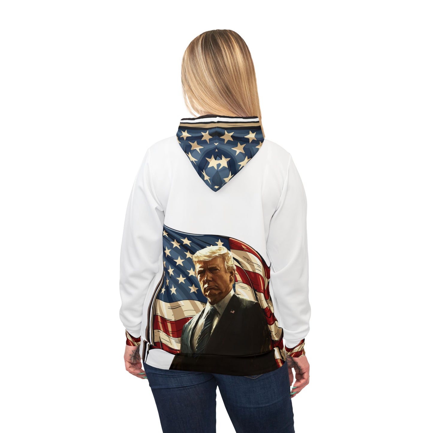 "Patriotic White Hoodie – 2025 American Flag and Trump Graphic | Ideal for Trump Supporters"