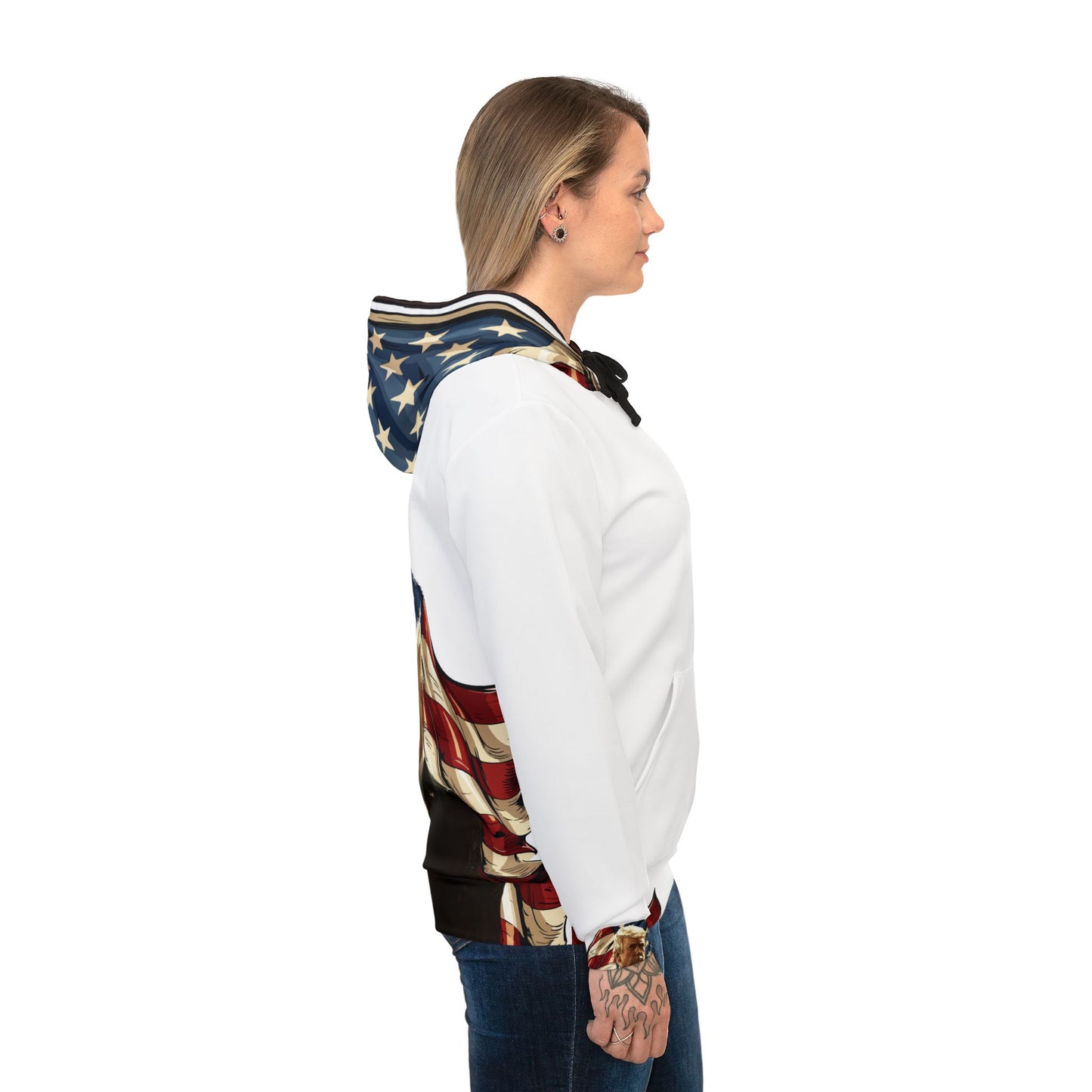 "Patriotic White Hoodie – 2025 American Flag and Trump Graphic | Ideal for Trump Supporters"