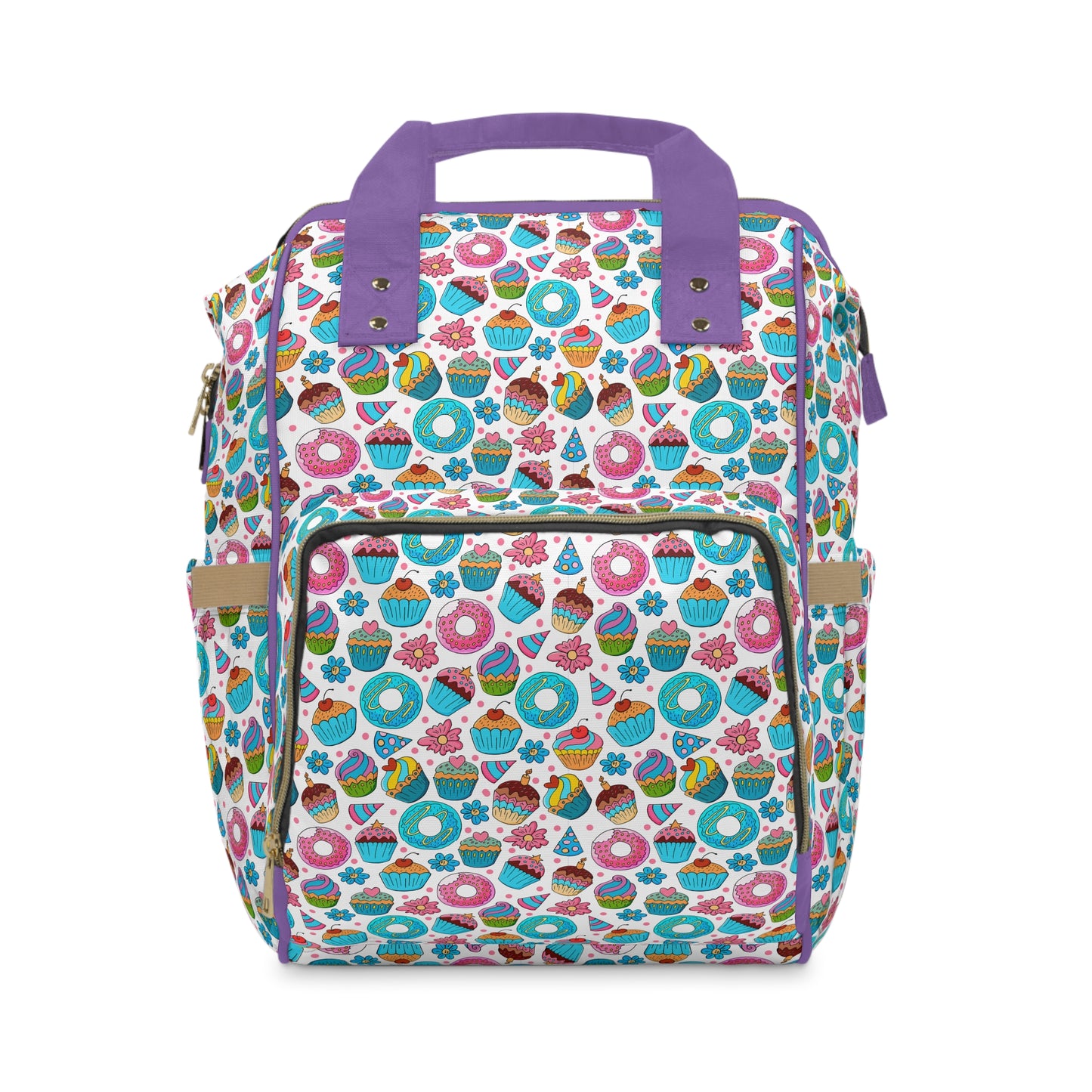 Pastel Pink Multifunctional Diaper Backpack – Cute Donuts & Cupcakes Baby Bag for Moms