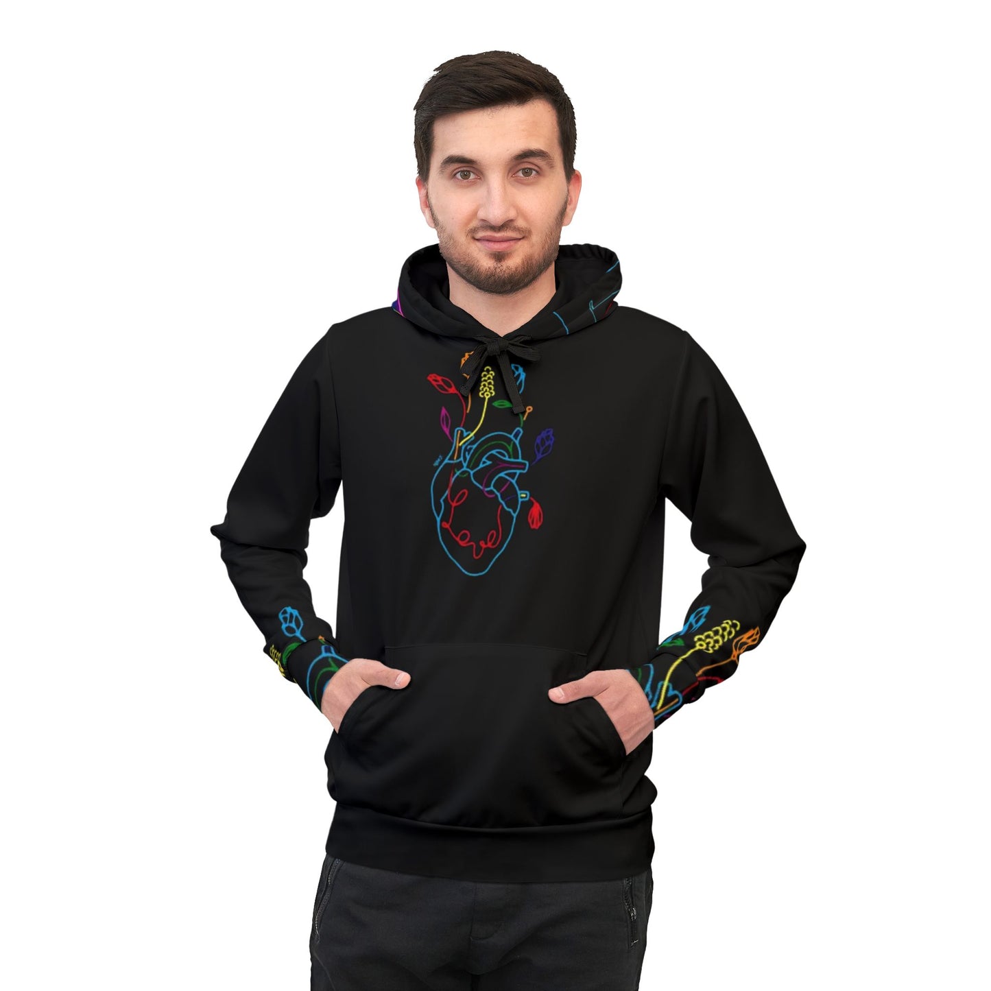 🌸 Vibrant Floral Black Hoodie – Bold Hand & Colorful Flower Design