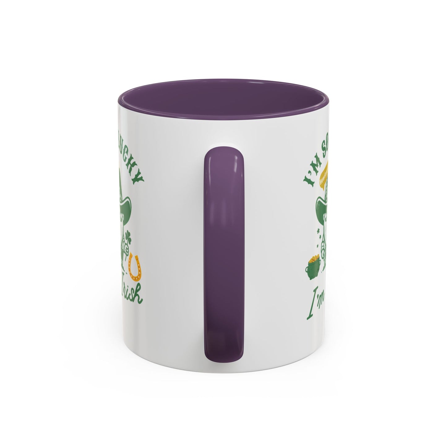 "Funny St. Patrick's Day Coffee Mug – 'I'm So Lucky I'm Irish' with Cowboy, Pot of Gold & Horseshoe Design"
