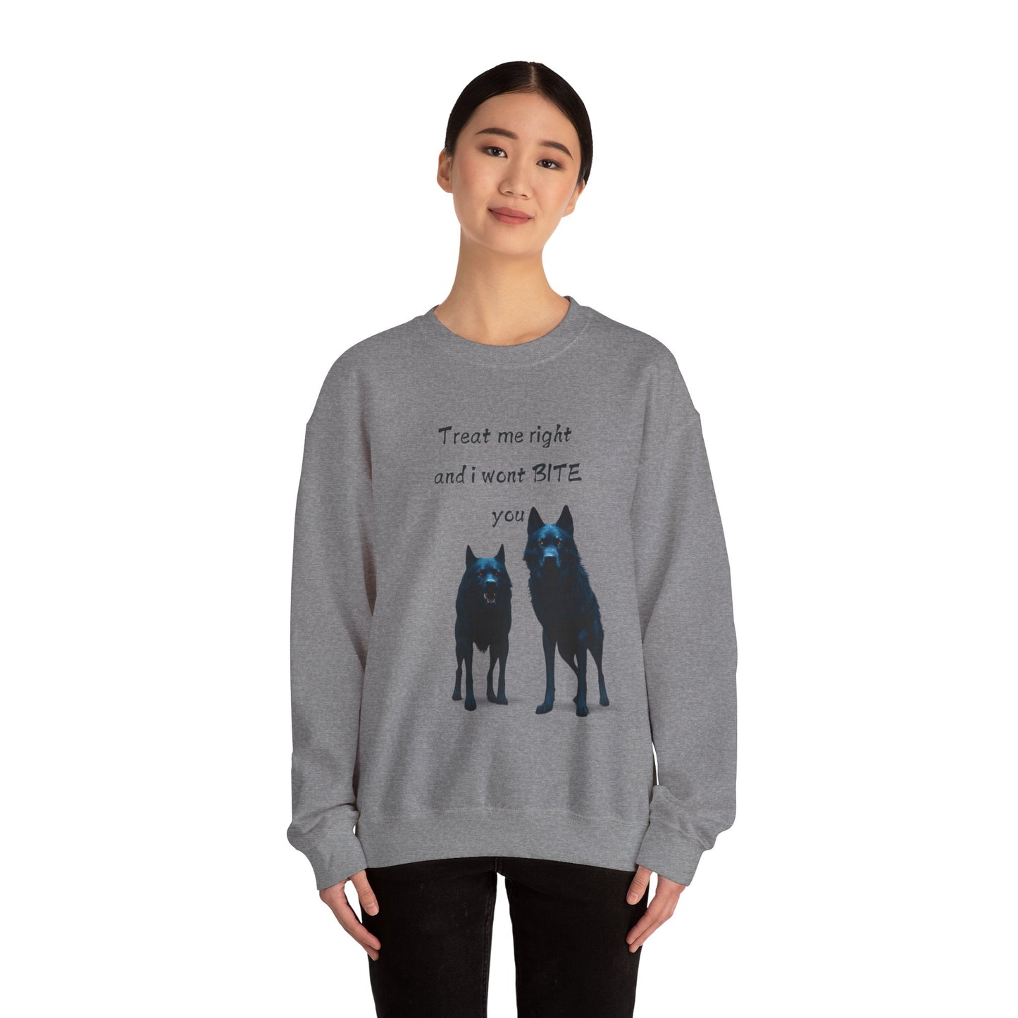 πΎ Funny Dog Lover Pink Sweatshirt β "Treat Me Right and I Won't Bite" Design for Dog Lovers & Pet Owners