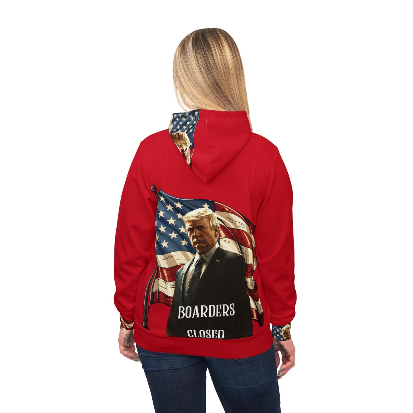"Patriotic Red Hoodie with Bold American Flag and Trump Design – Show Your American Pride"