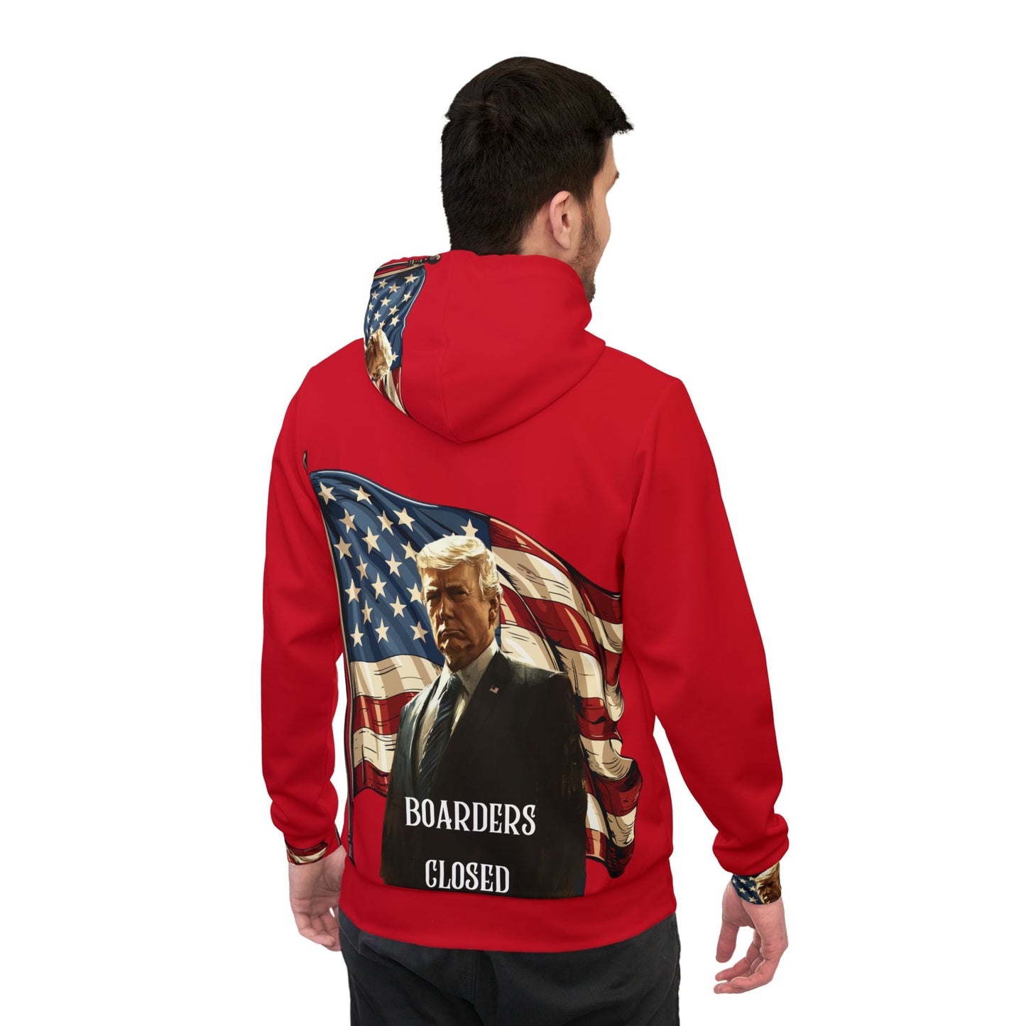 "Patriotic Red Hoodie with Bold American Flag and Trump Design – Show Your American Pride"