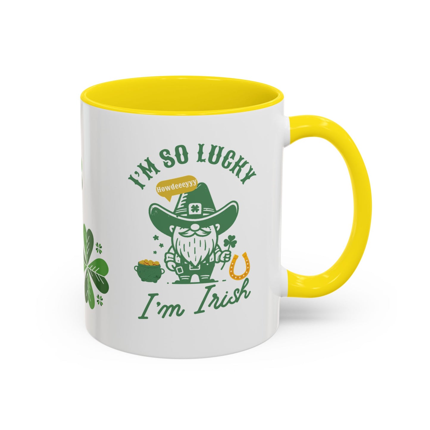 "Funny St. Patrick's Day Coffee Mug – 'I'm So Lucky I'm Irish' with Cowboy, Pot of Gold & Horseshoe Design"