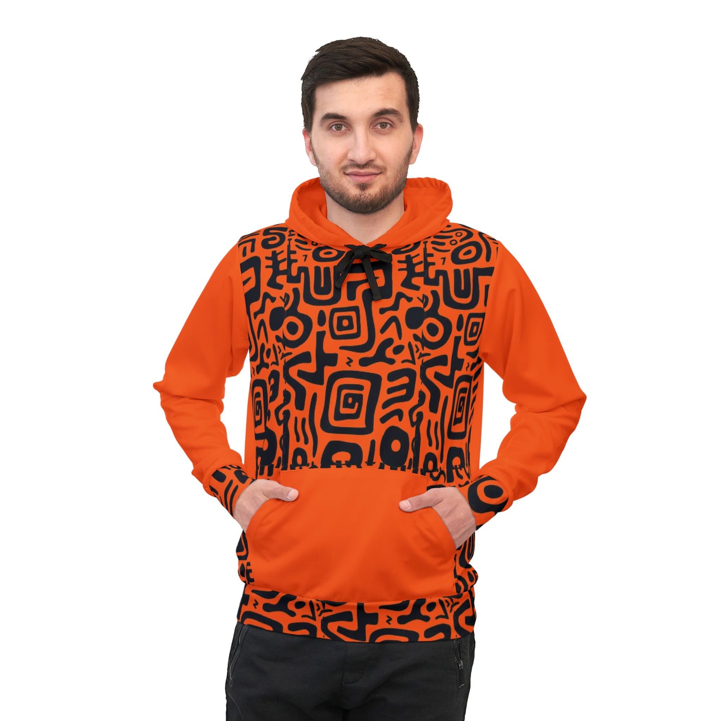 π₯ Bold Orange & Black Tribal Pattern Hoodie β Eye-Catching Streetwear with Ultimate Comfort (2025)