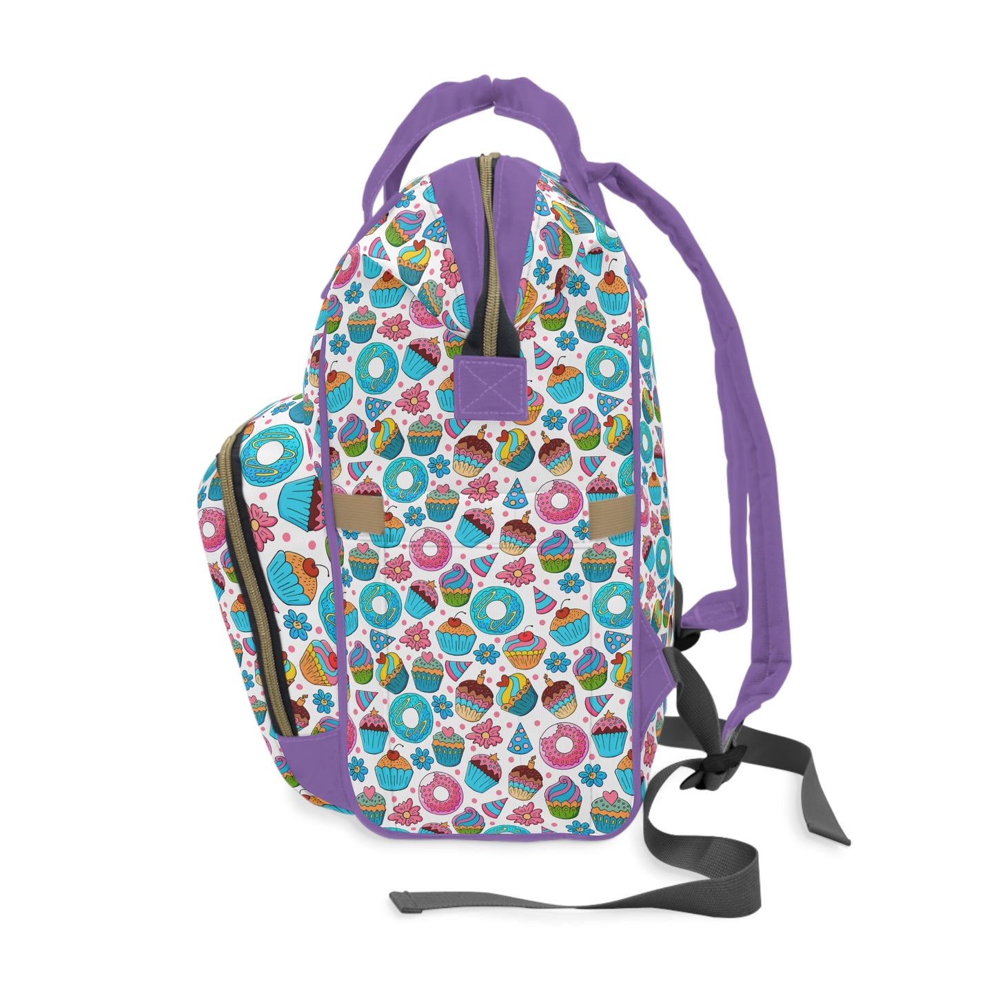 Pastel Pink Multifunctional Diaper Backpack – Cute Donuts & Cupcakes Baby Bag for Moms