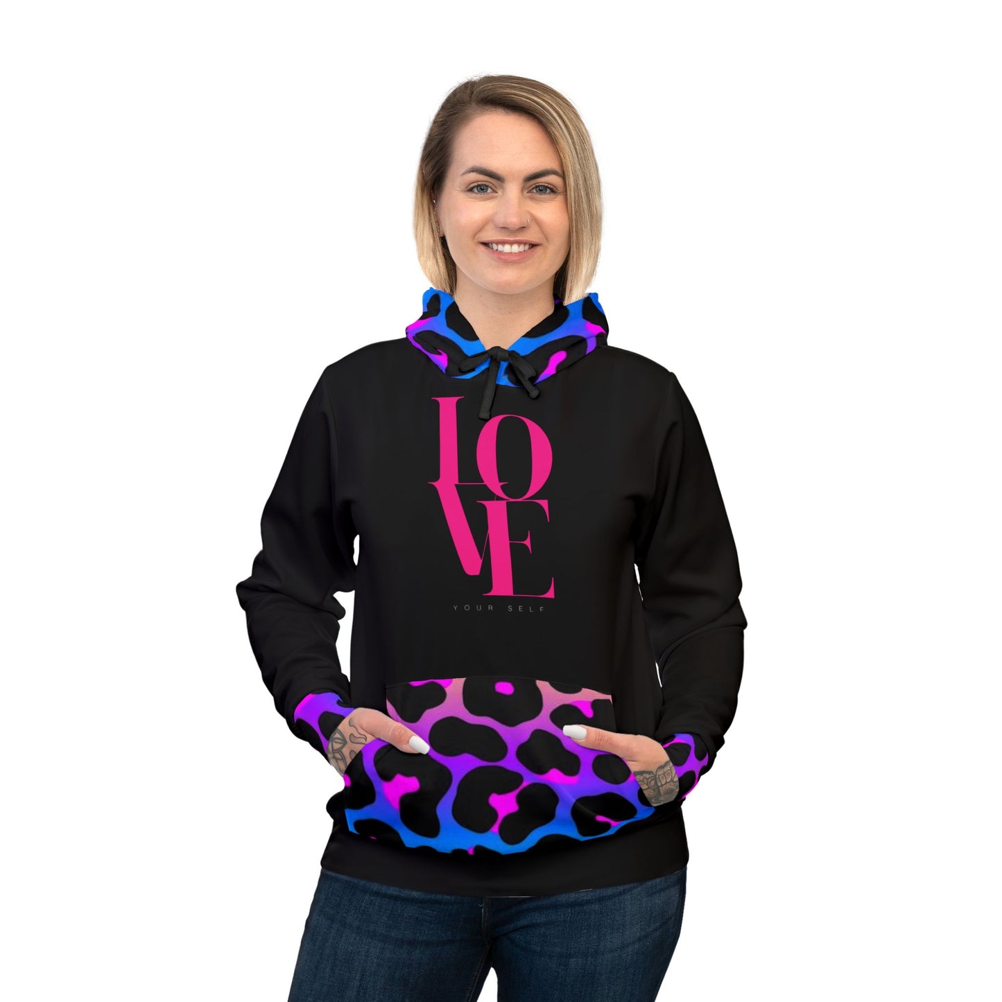 π Love Yourself Hoodie β Vibrant Leopard Print Design for Bold & Confident Style