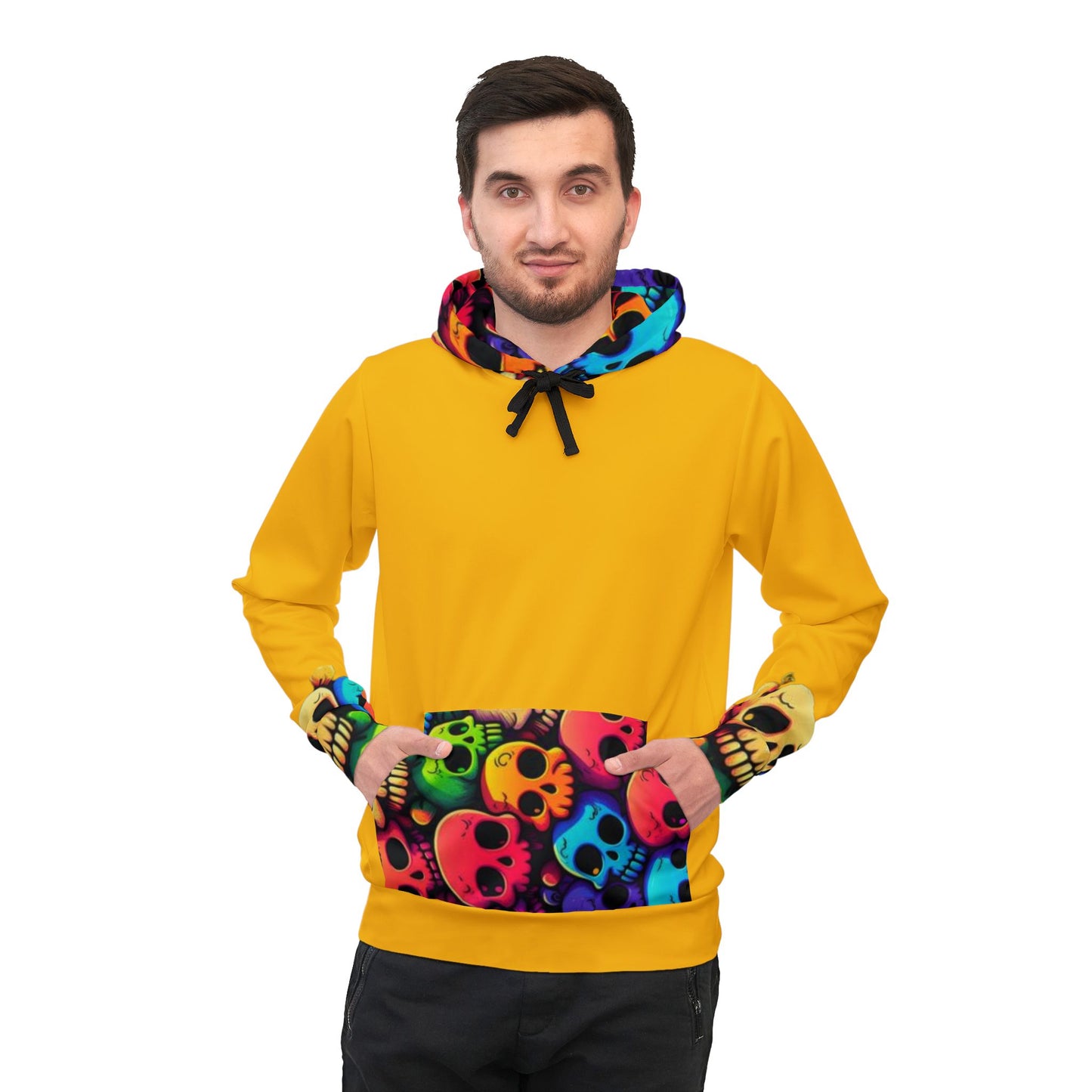 💀 Yellow Hoodie – Vibrant Colorful Skulls Design with Kangaroo Pocket | Men & Women Streetwear