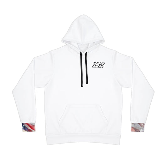 "American Pride White Hoodie – Bold American Flag and Trump Design | Perfect for Trump Supporters"