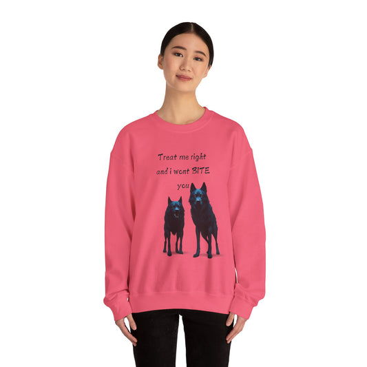 🐾 Funny Dog Lover Pink Sweatshirt – "Treat Me Right and I Won't Bite" Design for Dog Lovers & Pet Owners