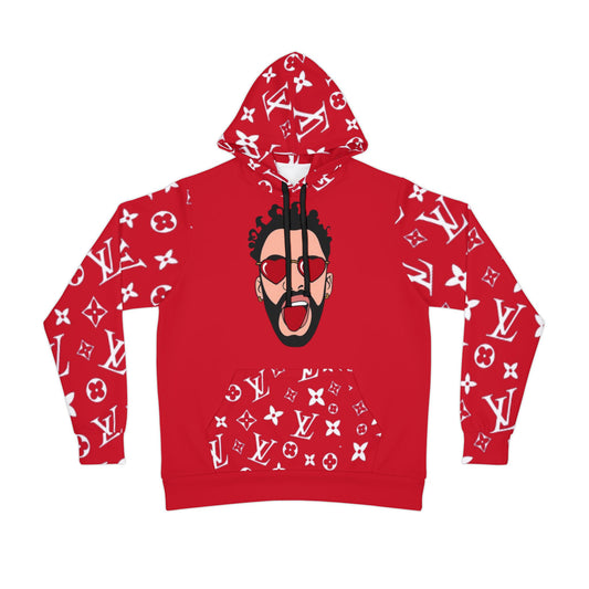 🎤 Bold Inspired Red Hoodie – Artist Badd Bunny Graphic Design for Music & Streetwear Fans