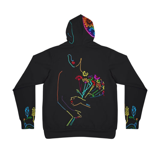 🌸 Vibrant Floral Black Hoodie – Bold Hand & Colorful Flower Design