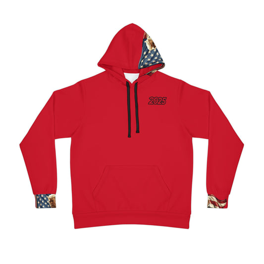 "Patriotic Red Hoodie with Bold American Flag and Trump Design – Show Your American Pride"