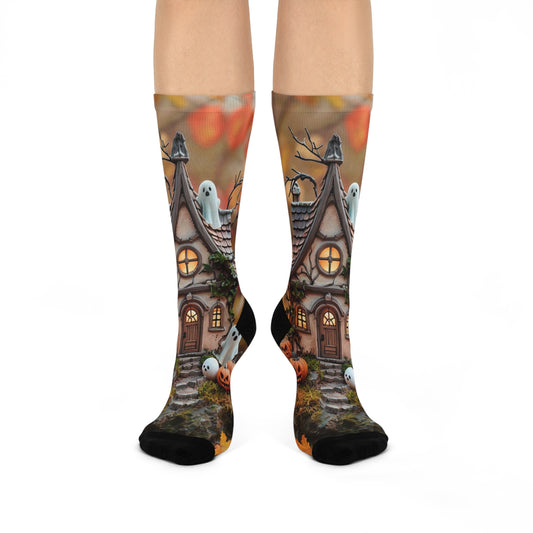 Spooky Haunted House Crew Socks - Halloween Cushioned Design