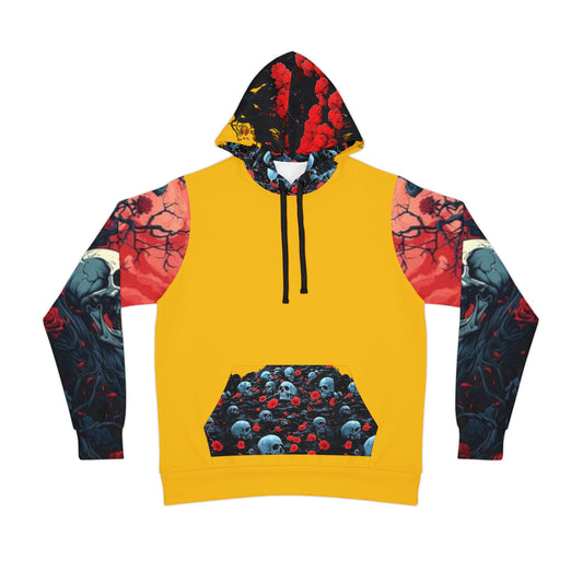 💀 Yellow Hoodie – Bold Blue Skulls Graphic Sweatshirt for Streetwear Enthusiasts