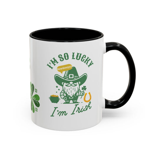"Funny St. Patrick's Day Coffee Mug – 'I'm So Lucky I'm Irish' with Cowboy, Pot of Gold & Horseshoe Design"