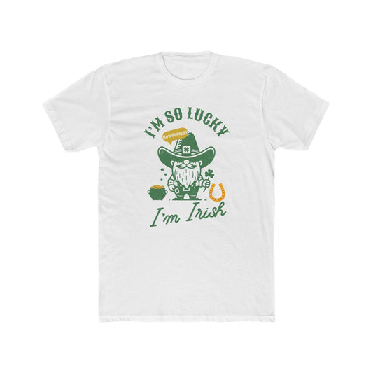 "Funny St. Patrick's Day T-Shirt – 'I'm So Lucky I'm Irish' with Cowboy, Pot of Gold & Horseshoe Design"