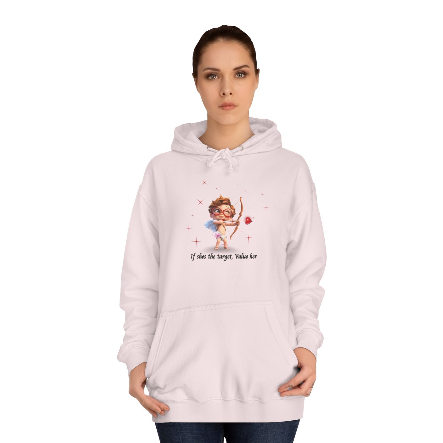 Ivory Cloud White Hoodie for Women – Value Her Cupid-Inspired Love Graphic Sweater
