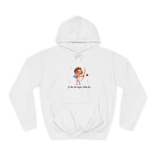 Ivory Cloud White Hoodie for Women – Value Her Cupid-Inspired Love Graphic Sweater
