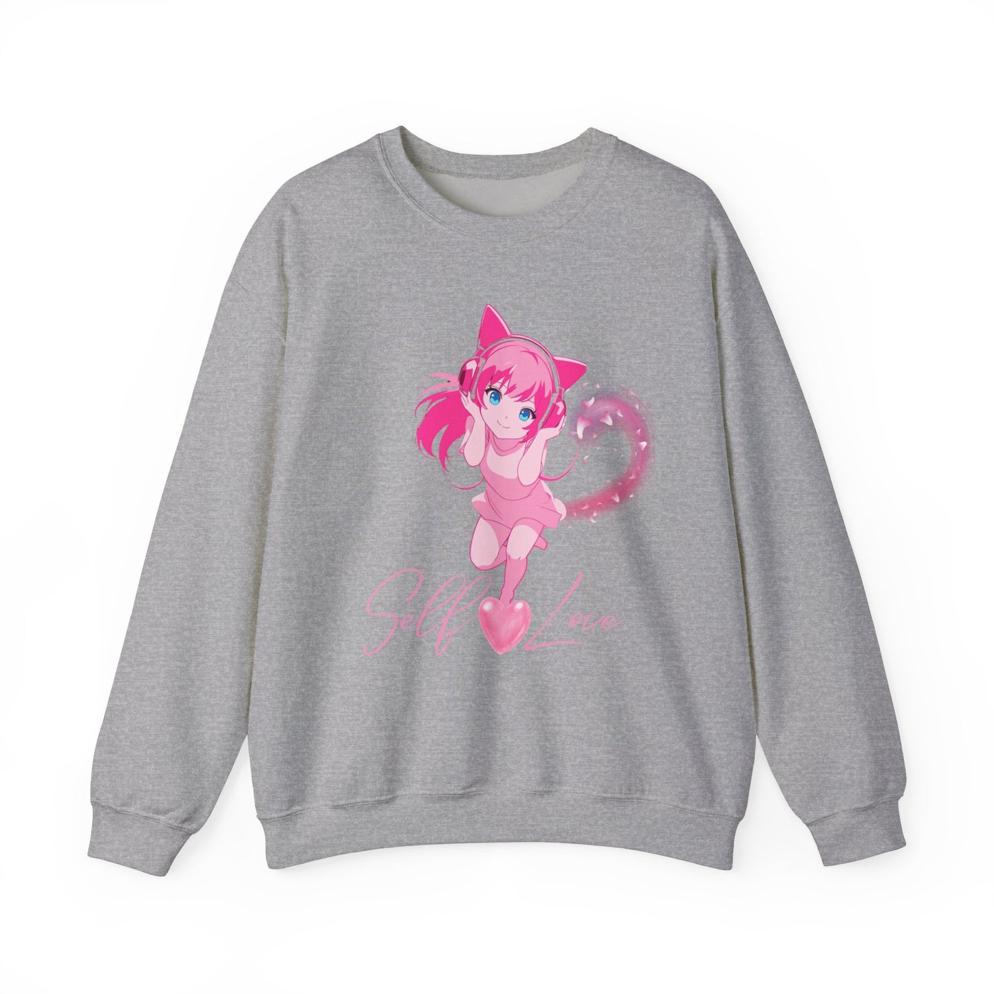 Obsidian Black Self-Love Sweatshirt – Adorable Pink Anime Character Crewneck