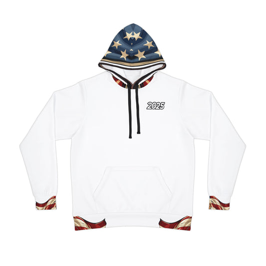 "Patriotic White Hoodie – 2025 American Flag and Trump Graphic | Ideal for Trump Supporters"