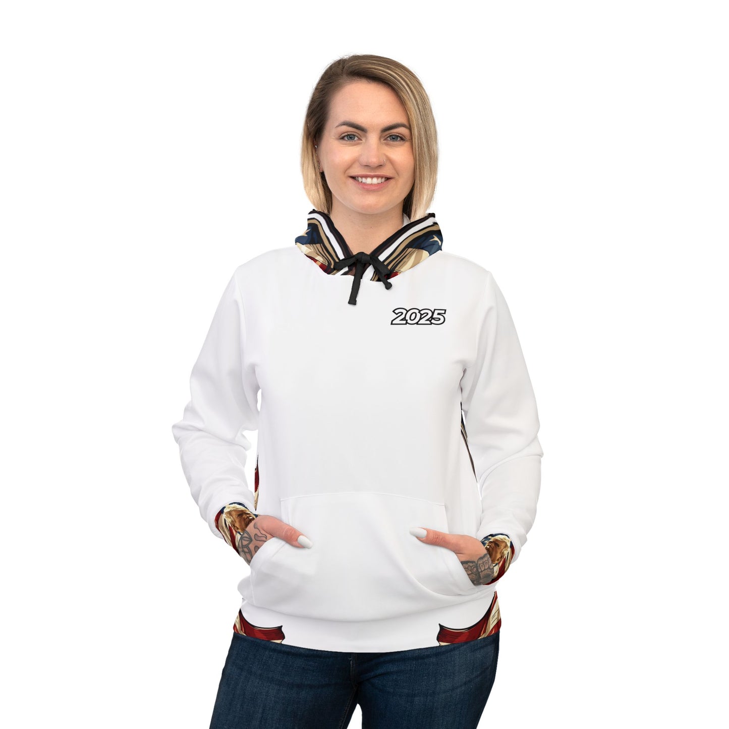 "Patriotic White Hoodie – 2025 American Flag and Trump Graphic | Ideal for Trump Supporters"
